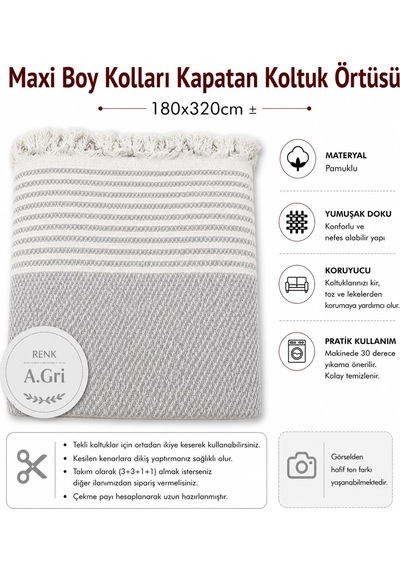 Pamuklu Kaymaz Hasır Dokuma Maxi Boy Kolları Örten Koltuk Örtüsü 180x310 - Açık Gri