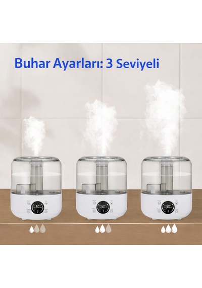 3 Litre Kapasiteli Led Ekranlı Akıllı Hava Nemlendirici 3 Seviyeli Buhar Ayarı, Geniş Alan Etkisi