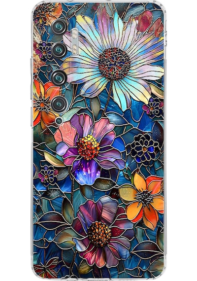 Printify Xiaomi Mi Note 10 Pro İle Uyumlu Vitray Mücevher Flora Tasarımlı Şeffaf Silikon Kılıf Şeffaf