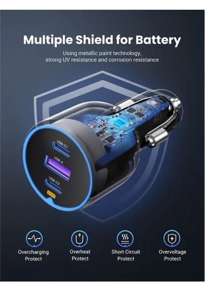 Ugreen 75w 3 Portlu Araç İçi Şarj Cihazı Çakmaklık Adaptörü, 35024