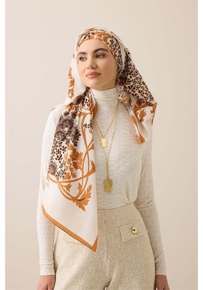 Imannoor Şark Çiçeği Toprak Floş Pamuk Şal 70x210 Toprak