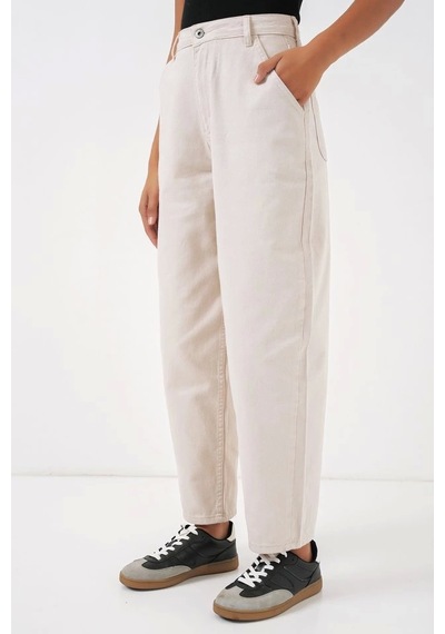 Defymoda 6703 Yüksek Bel Kot Pantolon - Ekru Ekru