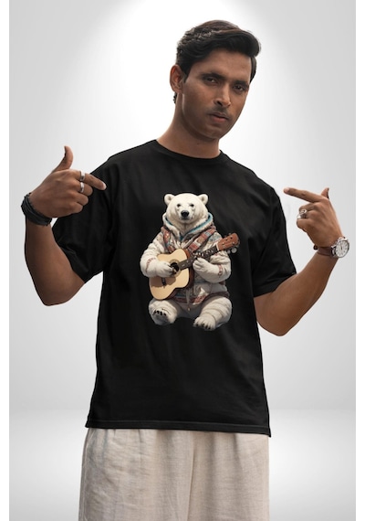Kutup Ayısı Gitar Polar Çeket Pamuklu Bisiklet Yaka Unisex Oversize Boyfriend Dijital Baskılı Siyah T-shirt Siyah