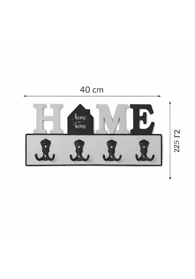 Dyris Home Sweet Home Duvar Askılığı 45x20 Cm Mdf 4 Kancalı Dekoratif Askılık, Antre Ve Hol İçin Gri - Siyah
