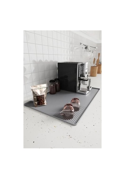 Gri 39x58 Cm Bulaşık Altlığı, Silikon Kahve Makinesi Koruyucu Açık Bej