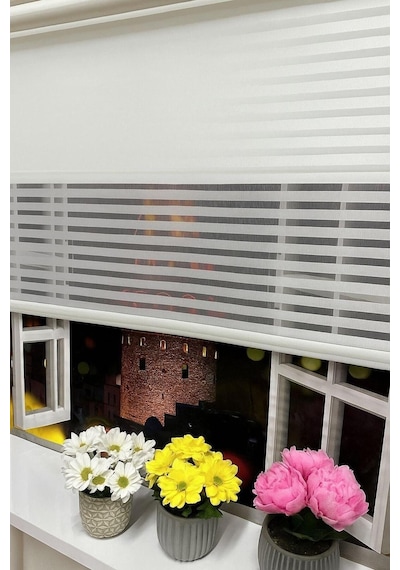 Ahşap Jaluzi Görünümlü Tül Ve Stor Perde Çift Mekanizmalı Perde Beyaz - 793834632 Beyaz