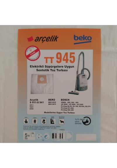 20 Adet Arçelik Uyumlu Beko Tt945 Elektrikli Süpürge Toz Torbası