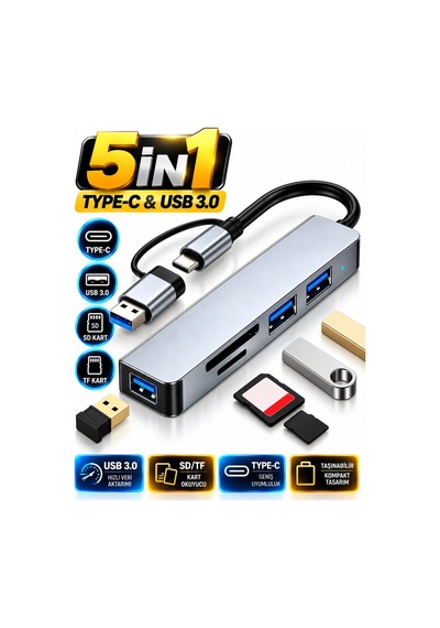 Type-c & Usb 3.0 5-in-1 Çoklayıcı Hub Usb Hub, Sd/tf Kart Okuyucu Adaptör