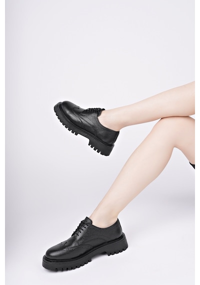 Muggo Amour Bağcıklı Hakiki Deri Kalın Taban Günlük Casual Makosen Kadın Loafer Ayakkabı Siyah