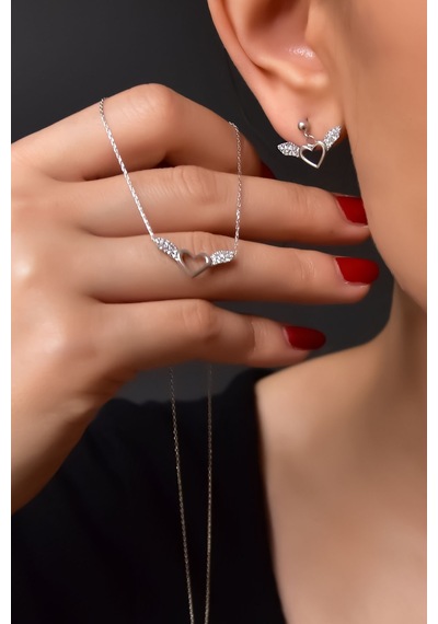 Papatya Silver 925 Ayar Gümüş Rodyum Kaplama Halka Mineli Papatya Kolye ve Bileklik Set