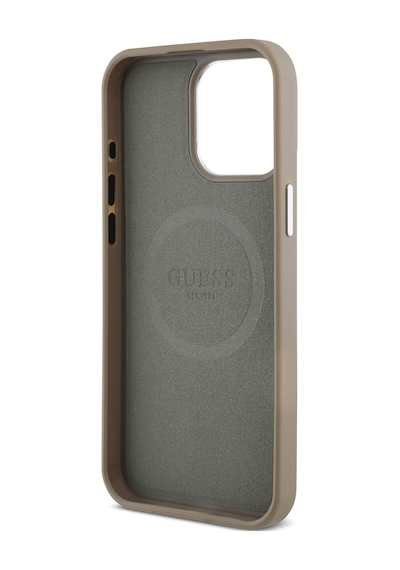 Apple Uyumlu iPhone 15 Pro Max Kılıf Guess Lisanslı M-safe Şarj Özellikli Grained Triangle Kapak Kahverengi