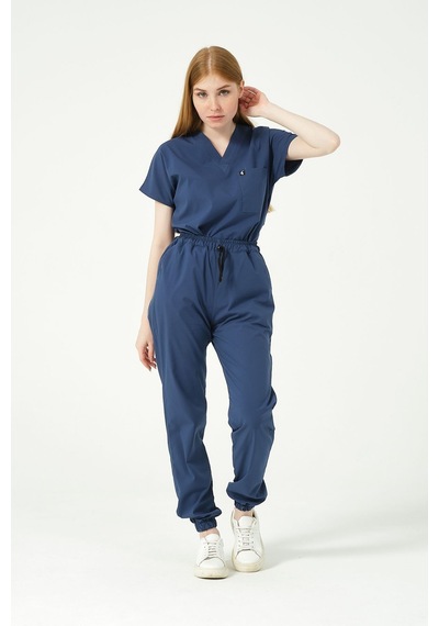 Fırtına Mavi Likralı Scrubs Jogger Paça Doktor Hemşire Forması Yarasa Kol Takım Unisex