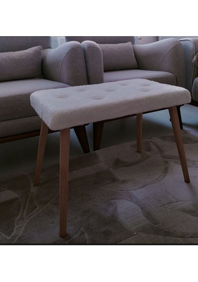 Gürgen Retro Ahşap Ayaklı Handmade Pofidik Puf Bench Koltuk Beyazdüğmeli