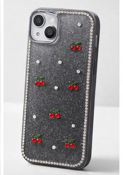 Apple Uyumlu iPhone 13-14 Kiraz Figürlü Simli İnci Taşlı Lüx Silikon Kılıf Siyah