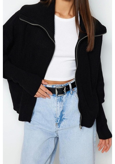 Ersefa Kadın Modern Tarz Oversize Devrik Yaka Regular Triko Hırka Siyah