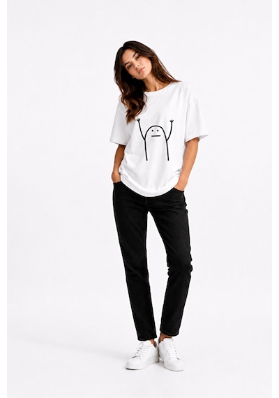 Nevermind Komik Çöp Adam Çift Tişörtü Oversize Unisex Sevgili Kombini Baskı Beyaz