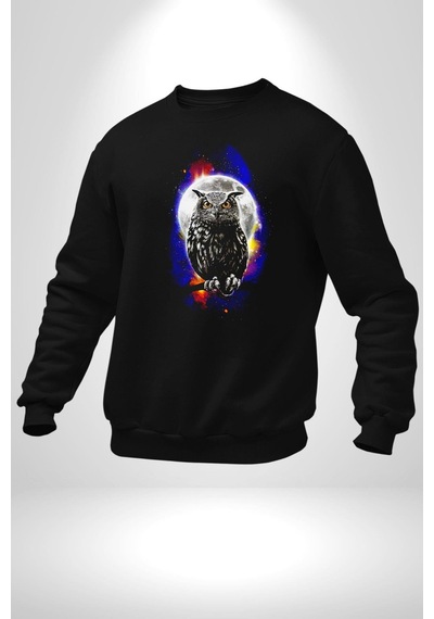 Baykuş Ay Gece Uğur Unisex Siyah Sweatshirt Siyah
