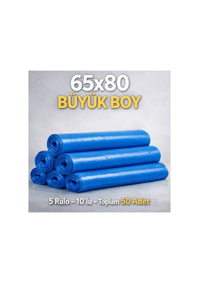 Büyük Boy Mavi Çöp Poşeti 65 80 Cm 5 Rulo Toplam 50 Adet