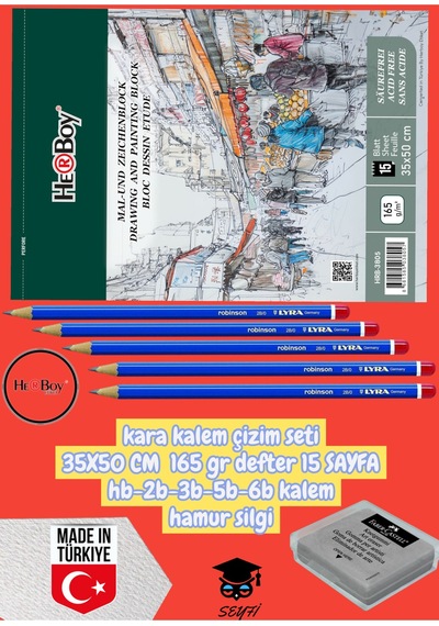 Kara Kalem Çizim Seti 35x50 Cm 165 Gr Defter 15 Sayfa Hb-2b-3b-5b-6b Kalem Hamur Silgi Herboy Çok Renkli
