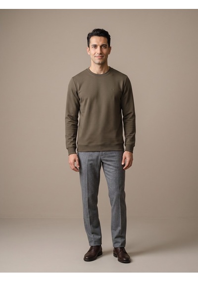Maccali Erkek Haki İki İplik Bisiklet Yaka Sweatshirt