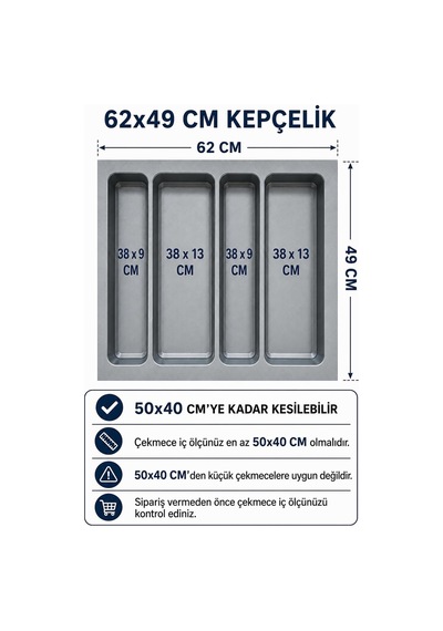 Deltaaks 62/49 Cm Cekmece Içi Kepçelik Grı 50/40 Cm Kadar Kesılebılır