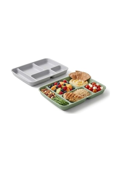 Evim Trend 2 Adet 5 Bölmeli Servis Tabağı Ve Tabldot Seti - Bpa İçermez, Çok Amaçlı Kahvaltı, Diyet, Çerez Ve Sunum Tabağı - Kırılmaz Piknik Seti 31x21 Cm - Gri Ve Yeşil Açık Gri