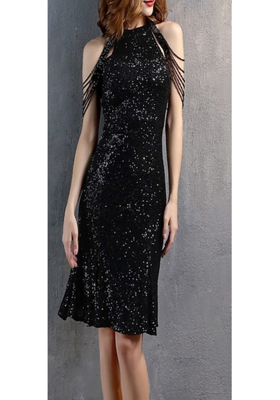 Hanife Glam Couture Hanife Glam Boncuk Detaylı Pulpayet Abiye Elbise Siyah