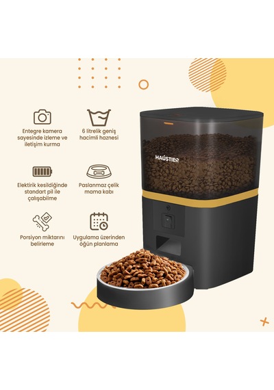 Haustier Qq005 Siyah Kameralı Akıllı Kedi Köpek Otomatik Mama Kabı, Tuya App-wifi Uzaktan Kontrol, Sesle Çağırma, 480p Kamera, 6lt Hazne, Metal Kase