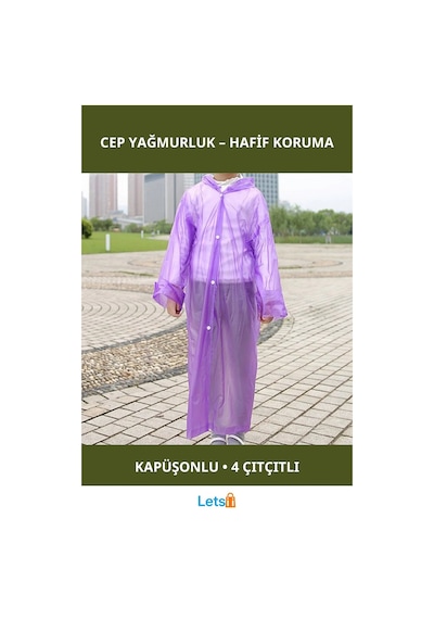 Letsii Kapüşonlu Naylon Cep Yağmurluk Su Geçirmez, Dayanıklı, Unisex Çok Renkli