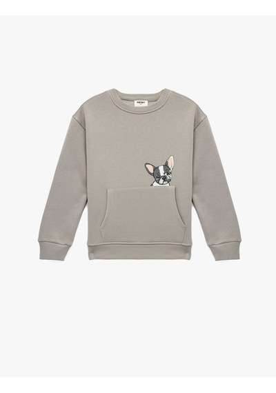 Koton Uzun Kollu Pamuklu Köpek Baskılı Şardonlu Kapşonlu Sweatshirt Gri 6wkg10599ak