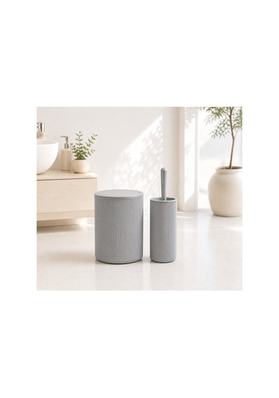 Modern Çizgili Banyo Çöp Kovası 6,25 Litre & Tuvalet Fırçası Seti İkili Set, Dayanıklı Plastik Gri