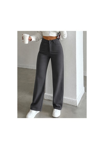 Kene Jeans Yüksek Bel Füme Keten Bol Paça Tam Kalıp Pantolon Füme