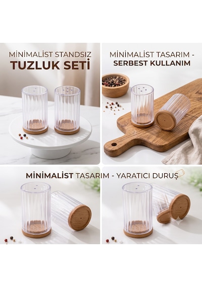 Ahşap Kapaklı 2'li Tuzluk Seti - Şeffaf Plastik Baharatlık Karabiberlik