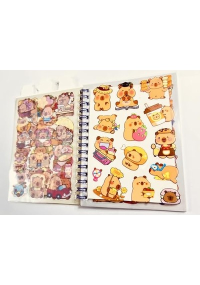 3'ü 1 Arada Spiral Defter Capybara 11x16.5 Cm Sticker Defteri Sarı Açık Gri