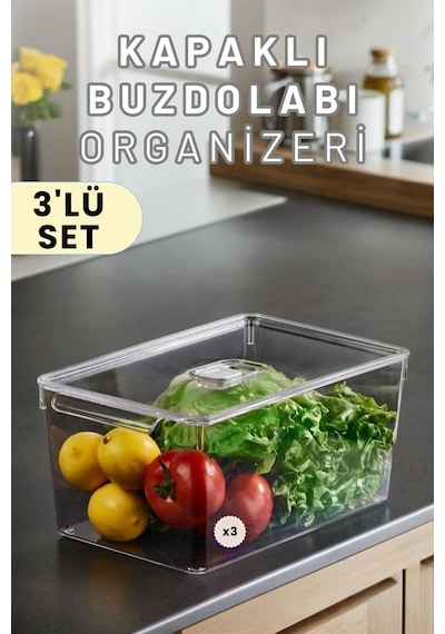 Buzdolabı Dolapiçi Düzenleyici Organizer Kapaklı 3'lü Set Maxi Şeffaf