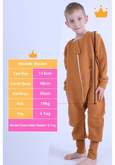 Babyhola Çocuk Mevsimlik Uyku Tulumu 2-8 Yaş 1 Tog 4 Kat Müslin Uzun Kollu Uyku Tulumu Hardal