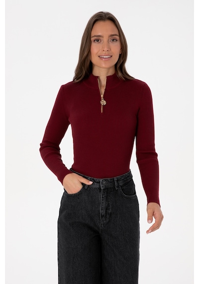 U.S. Polo Assn. Kadın Bordo V Yaka Fermuarlı Kazak 50316869-VR014