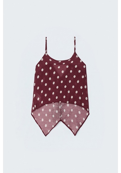 Sateen Puantiye Desenli Askılı Fırfırlı Bluz - Bordo-137634