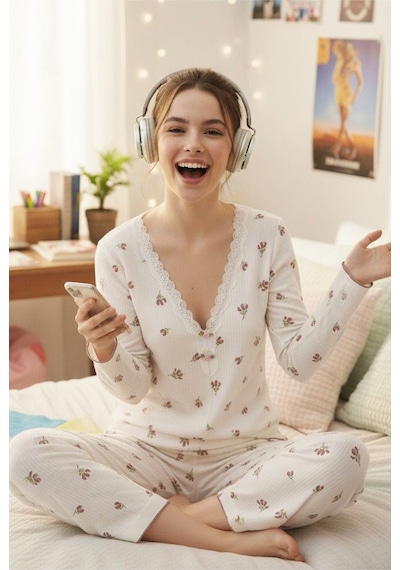 Siyah İnci Dantelli Bürümcük-krınkıl Uzun Kollu Pijama Takım Beyaz