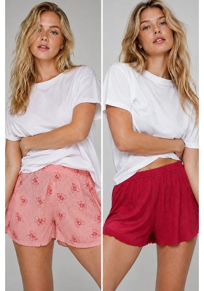 Siyah İnci 2'li Paket Pointel Delikli Örme Pijama Altı Kırmızı Pembe
