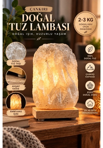 Çankırı 2-3 Kg Gri Doğal Kaya Tuzu Lambası Ahşap Kaideli Dekoratif Lamba