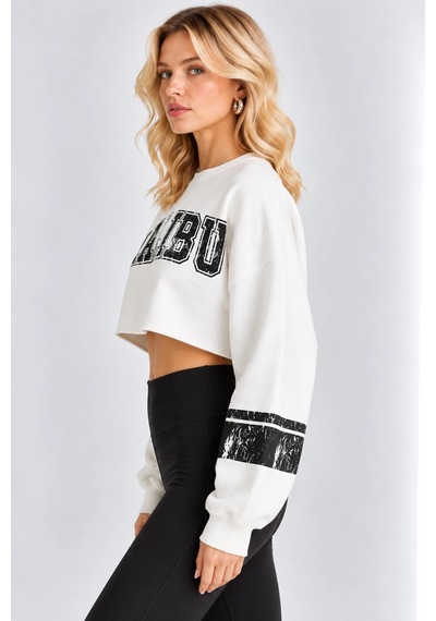 Mevese Malibu Baskılı Rahat Kesim Bisiklet Yaka Crop Sweatshirt - Beyaz