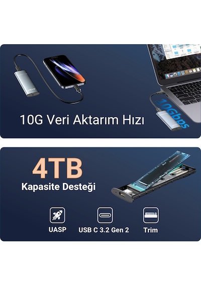 JEYI PureLine M.2 NVMe Harici SSD Kutusu - USB 3.2 Gen 2 10GBPS - 2280/2260/2242/2230 Destekli