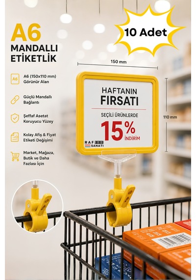 10 Adet - A6 Fiyatlık Mandallı Etiketlik Sepet Raf Askılık Fiyat Etiketi Çerçeveli Market Mağaza Sarı