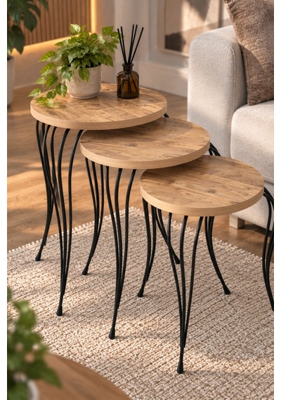 Sulorahome Lükens Metal Ayaklı Çam Desenli 3'lü Zigon Sehpa Takımı Atlantik Çam