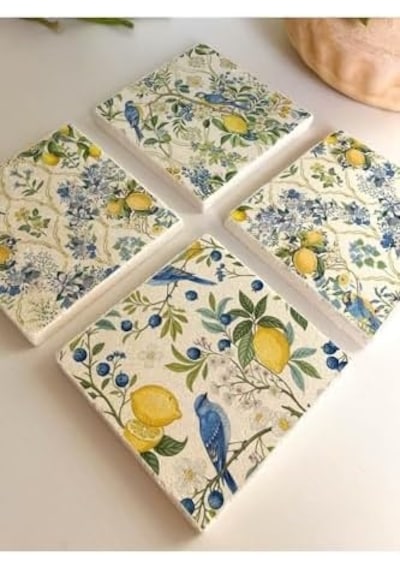 Limon Ve Kuş Desenli Doğal Taş Bardak Altlığı 4 Lü Set, Yazlık Sunum Ürünü 1