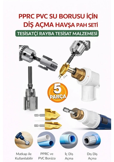 Pprc Pvc Su Borusu Diş Açma Seti 5 Parça Havşa Pah Açma Aparatı Tesisatçı Kılavuz Seti