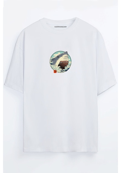 Anime Köpek Balığı Baskılı Oversize T-shirt Beyaz
