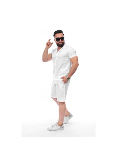 Mcz Giyim Keten Beyaz Renk Slim Fit Erkek Şort - Gömlek Alt Üst Takım
