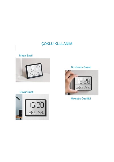 Mıknatıslı Lcd Dijital Ekran 9x7 Cm Pilli Mini Saat Alarm Saat Nem Göstergesi Sıcaklık Ölçer